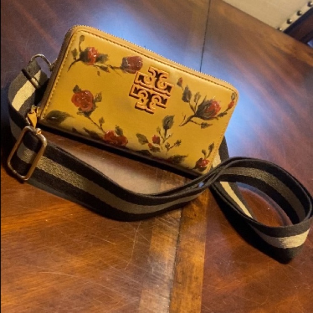 Tory Burch Yellow Floral Leather Crossbody Wallet with Striped Strap